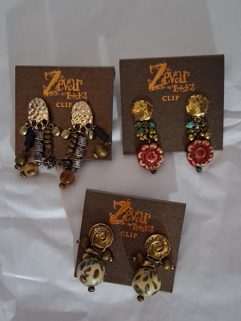 Zeva  Teska 3 Pair Clip-On Earring Trio — Red, Cream & Brown Accents
